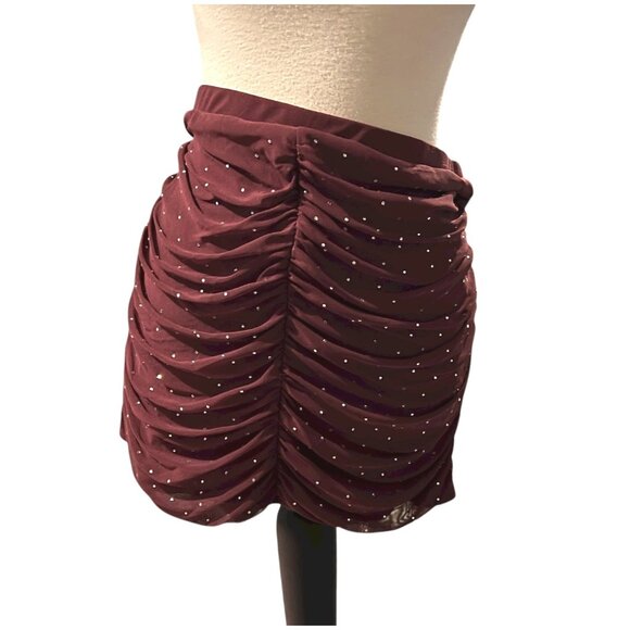 J for Justify Womens Burgundy Ruched Mini Skirt W/ Rhinestones 2X Burgundy - Picture 3 of 8